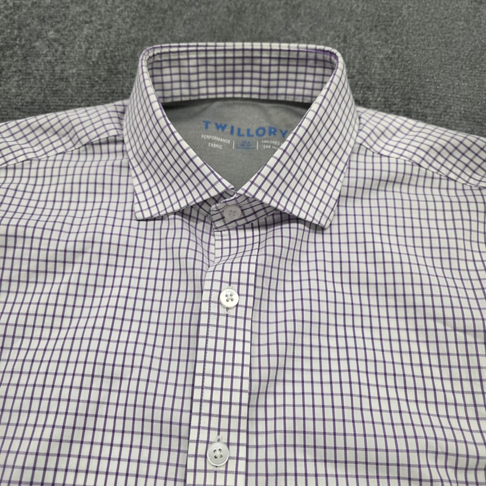 Twillory Performance Dress Shirt Mens 16.5 36-37 Purple White Check Tailored Fit